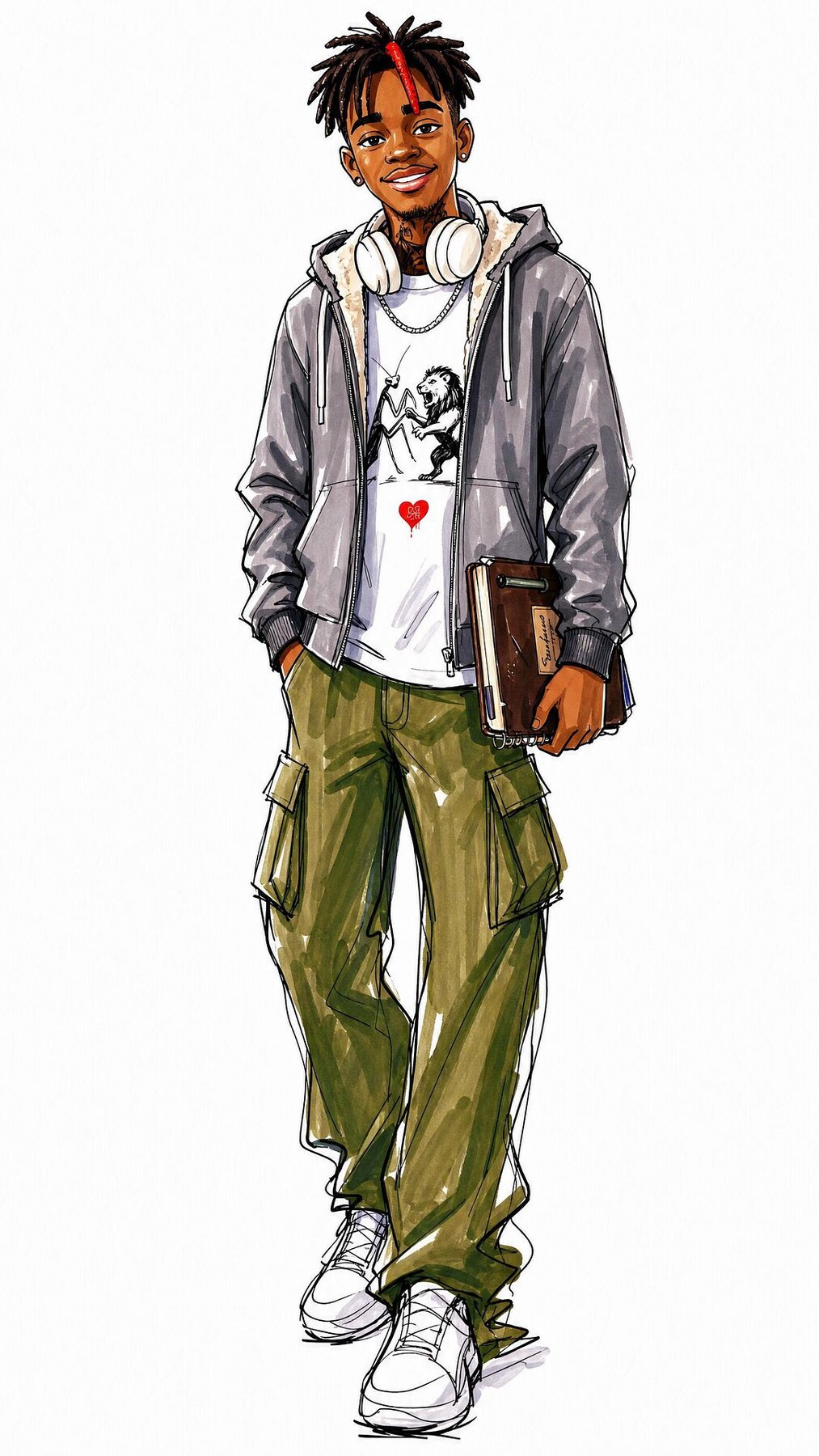 KAI — marker and ink design sheet, full figure