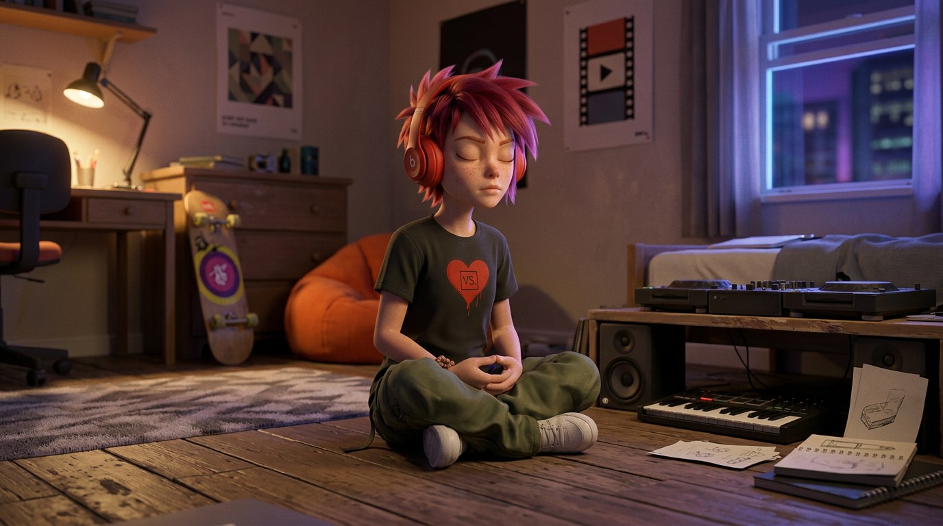 Nena — sitting, headphones on